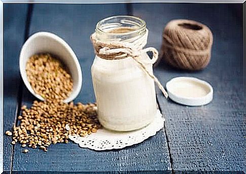 Glass of hemp milk and hemp seeds